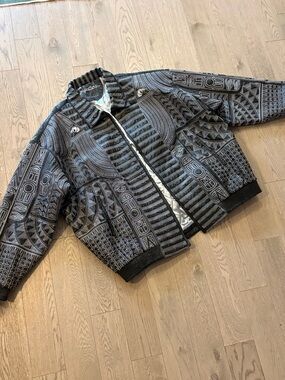 Signature Black & Gray Patterned Leather Bomber Jacket
